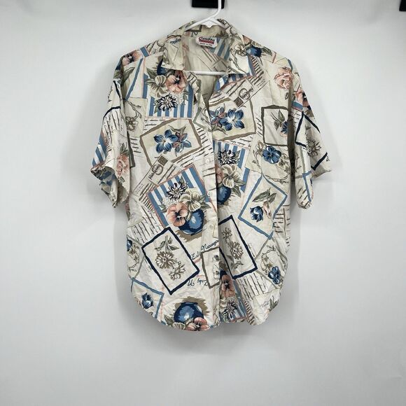 VTG Caribou Womens Shirt L? Button SS Floral Hawaiian Postcard Vacation Beach - Picture 1 of 9